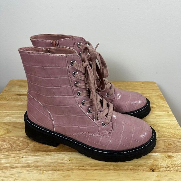 Sugar Shoes - Sugar Kaedy Pink Croc Embossed Combat Boots Womens 8.5 M Lace Up Side Zip Lug